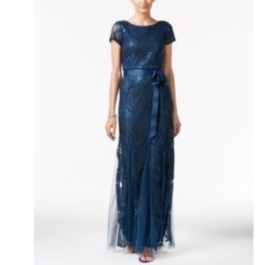 Adrianna Papell Damask Sequined Bow Sash Gown